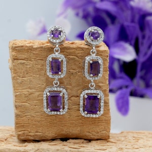 Natural Genuine Amethyst And White Topaz Studded Sterling Silver Earrings |Amethyst Push back Fine Jewelry |February Birthstone Drop Earring