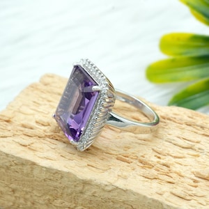Emerald Cut Amethyst Sterling Silver Ring: White Topaz Accents