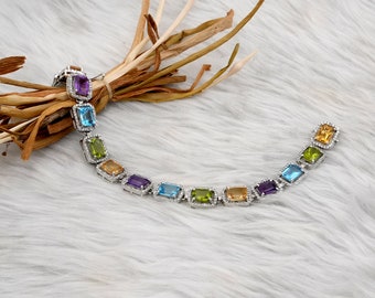 Natural Genuine Amethyst, Citrine, Blue Topaz & Peridot Sterling Silver Bracelet | Emerald Cut Multi-Gemstone Silver Bracelet | Gift for her