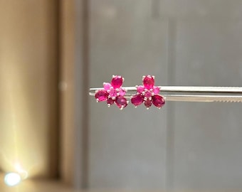 Natural Ruby Sterling Silver Stud Earrings: Oval & Round Cut