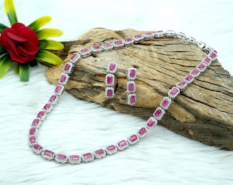 Emerald Cut Ruby Sterling Silver Necklace & Earring Set