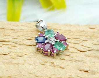 Natural Genuine Ruby, Blue Sapphire, Emerald & White topaz 925Silver Pendant, Oval, Round cut Multi-Stone Pendant, Fine Jewelry,Gift for her