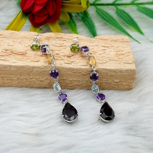 Multi-Gemstone Push Back Silver Hangings | Natural Genuine Garnet, Peridot, Blue Topaz, Citrine & Amethyst Silver Earrings | Gift For Her