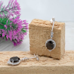 Smoky Topaz Sterling Silver Earrings: Oval Cut Dangle Drop