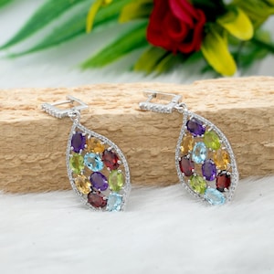 Multi-Gemstone Sterling Silver Drop Earrings: Garnet, Amethyst, Topaz