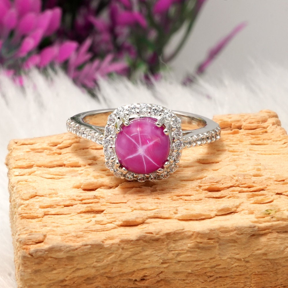 Bague Saphir étoilé Rose Lindy En Argent Sterling 925 - Bijou Ancien Style Art Déco, Fait Main