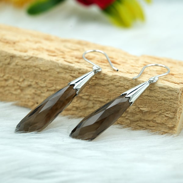 Natural Genuine Smoky Topaz 925 Sterling Silver Earrings | Smoky Topaz Ear wire Style Silver Danglers | November Birthstone | Gift for wife