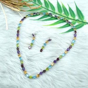 Natural Multi-Gemstone Sterling Silver Necklace & Earrings Set