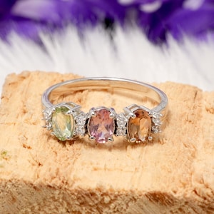 Multi-Tourmaline Sterling Silver Ring: Three Stone Oval Gemstone