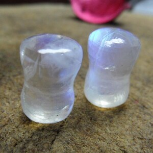 Natural Rainbow Moonstone Plugs: Blue Fire Double Flare Gauges