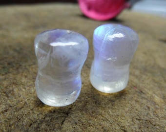 Natural Rainbow Moonstone Plugs: Blue Fire Double Flare Gauges