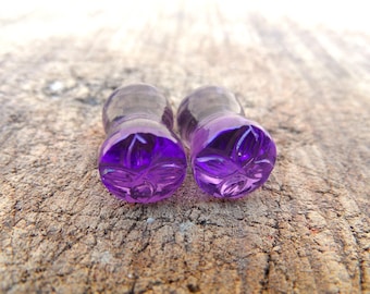 Pendientes de amatista con forma de flor: dilataciones dobles hechas a mano (5 mm-30 mm)