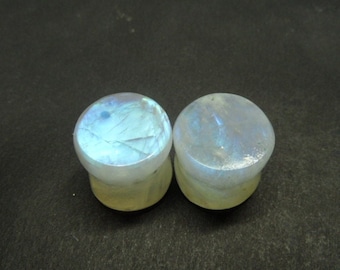 Rainbow Moonstone Ear Plugs: Blue Fire Tunnels, Custom Size