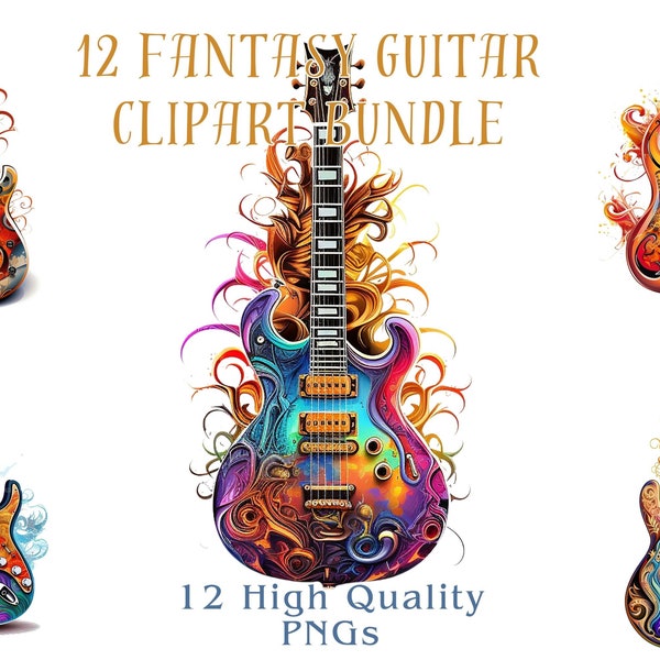 Fantasy Guitar Vector Art / Musical Clipart / Classic Electric Guitar / Clipart Bundle / 12 High-Resolution PNGs / Instant Digital Download
