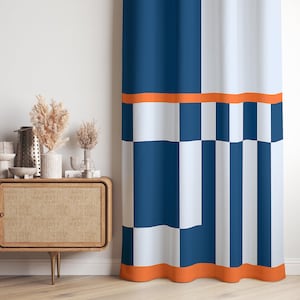 Geometric Color Block Curtain-Nautical Blue Window Drapes-Orange Kids Room Curtains-Modern Decor Eyelets Panel