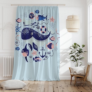 Whale Fish Anchor Curtain-Coastal Blue Window Drapes-Coral Boys Room Curtains-Nautical Decor Eyelets Blackout Custom Curtain Panel