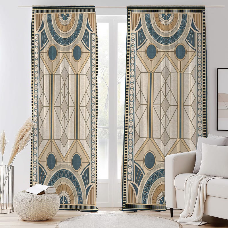 Art Deco Geometric Linen Curtains – Beige Teal Window Panels, Blackout Option image 6