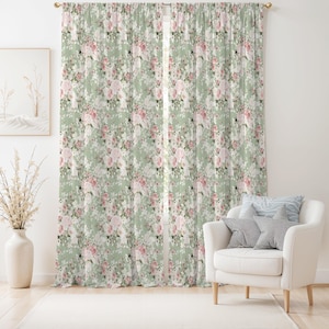 Vintage Rose Blossom Curtain-Cottagecore Sage Green Window Drapes-Light Pink Kids Room Curtains-Boho Decor Eyelets Panel