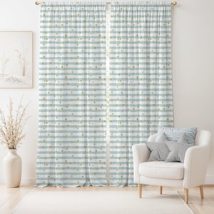 Golden Star Striped Curtain-Coastal Style Aqua Window Drapes-Soft Yellow Nursery Curtains-Boho Decor Eyelets Panel-Blackout Curtain