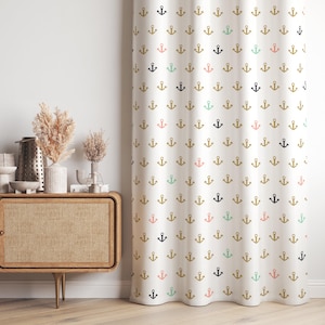 Colorful Anchor Motifs Curtain-Nautical Theme White Window Drapes-Mint Green Kids Room Curtains-Coastal Decor Eyelets Panel