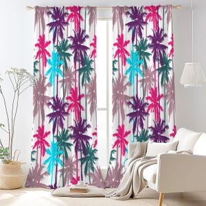 Tropical Palm Tree Curtain-Coastal Purple Window Drapes-Turquoise Kids Room Curtains-Boho Decor Eyelets Panel