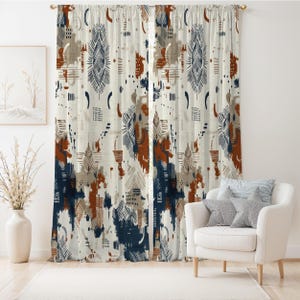Abstracte tribale gordijnen, roest marineblauw geometrisch patroon raamgordijnen, panelen van linnenlook