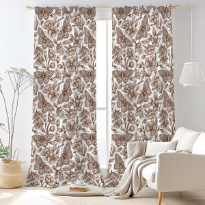 Butterfly Floral Nature Curtain-Scandinavian Brown Window Drapes-Beige Living Room Curtains-Vintage Decor Eyelets Panel
