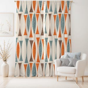 Abstract Shapes Geometry Curtain-Mid Century Orange Window Drapes-Teal Kids Room Curtains-Boho Decor Eyelets Blackout Panel
