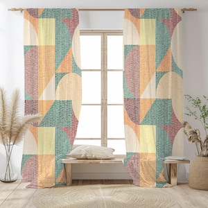 Geometric Shapes Colorful Curtain,Modern Abstract Yellow Window Drapes,Green Kids Room Curtains,Retro Decor Blackout Thermal Insulated Panel