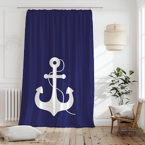 White Anchor Nautical Curtain-Navy Coastal Window Drapes-Grey Kids Room Curtains-Maritime Decor Eyelets Panel