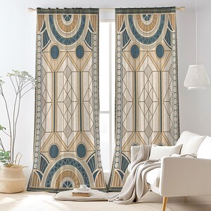 Art Deco Geometric Linen Curtains – Beige Teal Window Panels, Blackout Option image 11
