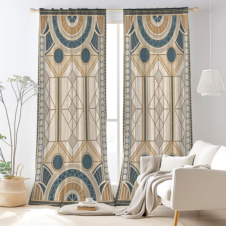 Art Deco Geometric Linen Curtains – Beige Teal Window Panels, Blackout Option image 11