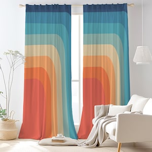 Bold Retro Rainbow Curtain-Vintage Backyard Countryside Long Curtains Window Drapes-Peach Kids Room Curtains-Boho Decor Eyelets Panel