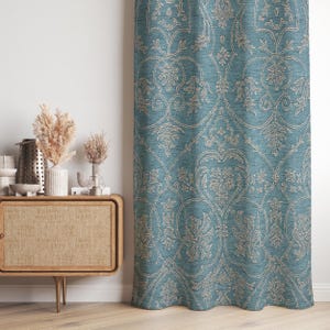Vintage Floral Embroidered Curtain,Farmhouse Teal Window Drapes,Beige Living Room Curtains,Boho Decor Blackout Valance
