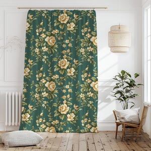 Vintage Rose Botanical Curtain-Cottagecore Green Window Drapes-Beige Living Room Curtains-Floral Decor Eyelets Panel