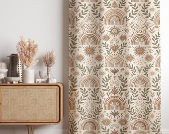 Boho Linen Curtains, Neutral Rainbow Sun Drapes, Blackout Curtain, Earth Tone Nursery Drapes, Living Room Boho Decor Custom Size