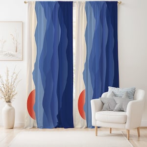 Ocean Wave Abstract Curtain,Nautical Style Blue Window Drapes,Beige Kids Room Curtains,Mid Century Decor Grommets Blackout Panel