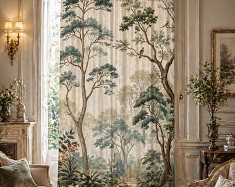May include: A pair of beige curtains with a forest scene printed on them. The design features tall trees with green and blue foliage, and small birds perched on branches. The curtains are hanging in a room with a classic interior design.