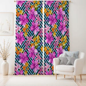 Bold Tropical Flowers Curtain-Coastal Style Blue Window Drapes-Yellow Kids Room Curtains-Boho Decor Eyelets Panel