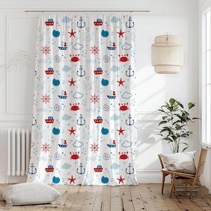 Nautical Ship Anchor Curtain-Navy Coastal Theme Blue Window Drapes-Light Red Kids Room Curtains-Maritime Decor Eyelets Panel