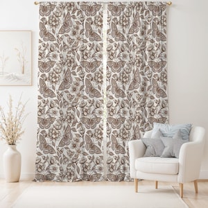 Vintage Butterfly Floral Curtain-Nature Inspired Beige Window Drapes-Light Brown Nursery Curtains-Boho Decor Eyelets Panel