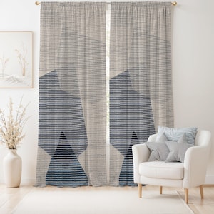 Textured Geometric Shapes Curtain-Scandinavian Beige Window Drapes-Dusty Blue Living Room Curtains-Room Darkening Grommets Backtab Panel