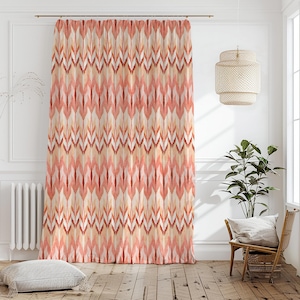 Chevron Ikat Ethnic Curtain-Boho Style Coral Window Drapes-Beige Kids Room Curtains-Grommets Blackout Ikat Panel