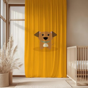 Cute Puppy Illustration Curtain-Playful Style Yellow Window Drapes-Light Blue Kids Room Curtains-Whimsical Decor Eyelets Panel