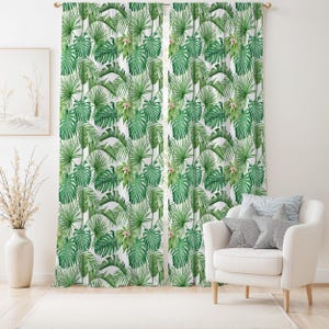 Tropical Leaves Green Curtain-Nature Inspired Green Window Drapes-White Kids Room Curtains-Boho Decor Eyelets Panel