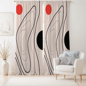 Abstract Line Art Curtain-Modern Japandi Beige Window Drapes-Black Nursery Curtains-Boho Decor Grommets Blackout Panel