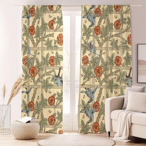 Floral Birds Trellis Curtain-Vintage Botanical Beige Window Drapes-Blue Green Kids Room Curtains-Art Nouveau Decor Grommets Blackout Panel