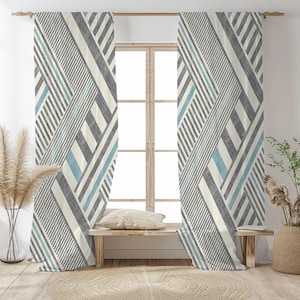 Geometric Lines Striped Curtain-Modern Blue Window Drapes-Gray Kids Room Curtains-Abstract Decor Grommets Blackout Thermal Insulated Panel