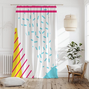 Colorful Geometric Stripe Curtain-Modern Minimalist Yellow Window Drapes-Light Blue Kids Room Curtains-Memphis Decor Eyelets Panel
