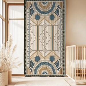 Art Deco Geometric Linen Curtains – Beige Teal Window Panels, Blackout Option image 5